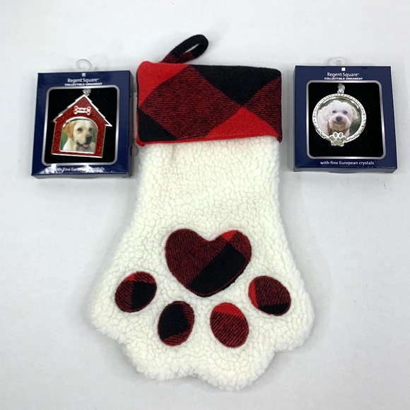 Dog Cat Paw red plaid Holiday Christmas Stocking & 2 Animal photo frame ornament - Picture 1 of 16